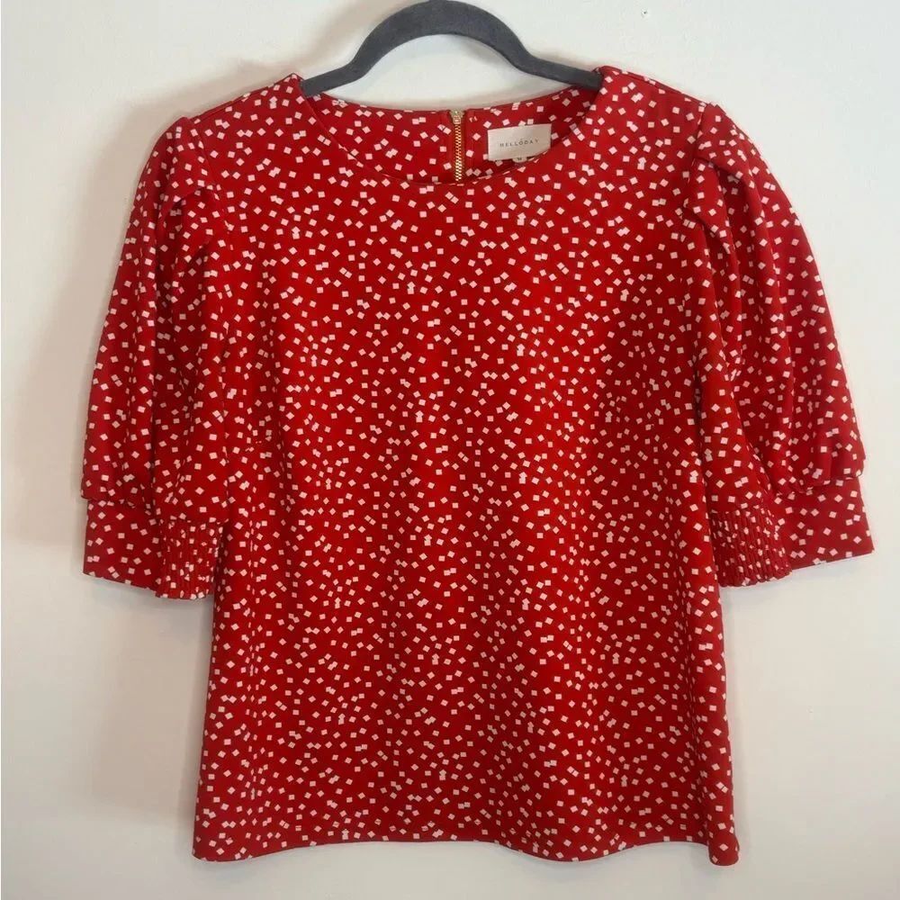 Melloday EUC red/white square dot balloon sleeve blouse top Size medium
